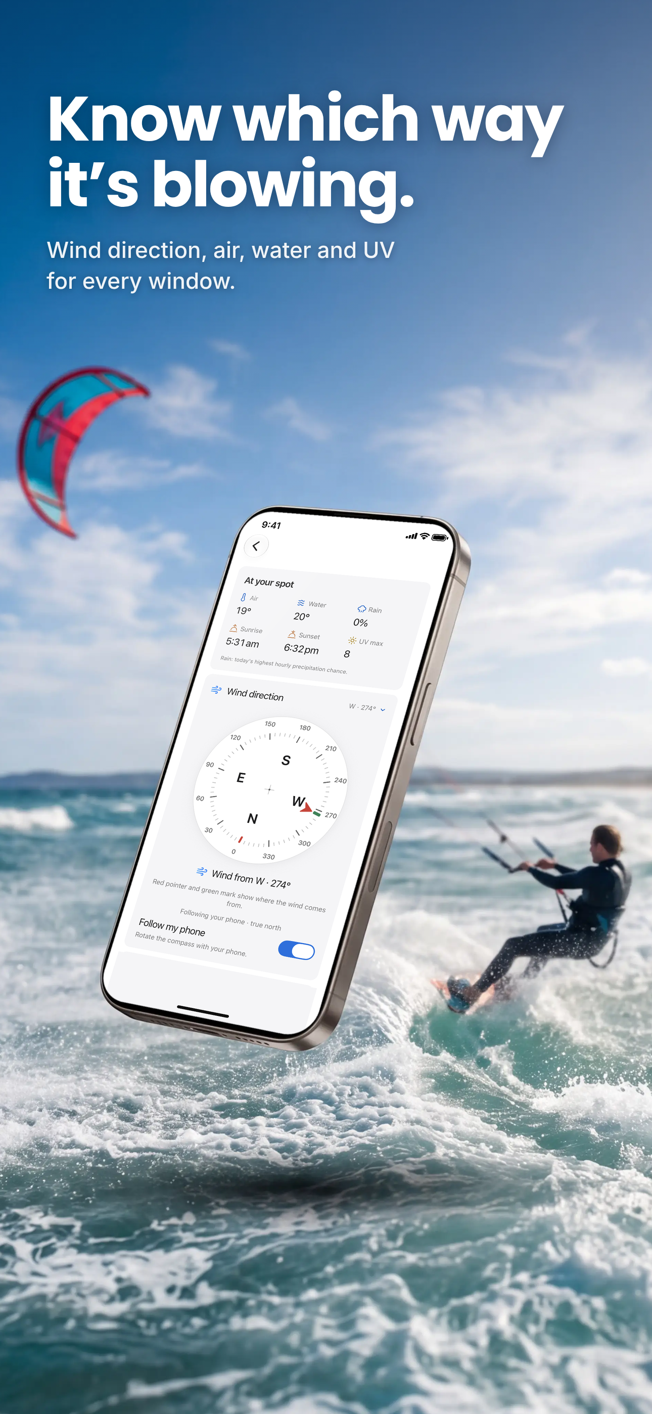 Wind Ready promotional preview showing the app's wind-direction compass and weather details beside a kitesurfer.